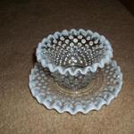 Vintage Hobnail Sugar Dish & Saucer.  Ruffled edges with moonstone white trim.  Pre-owned & in excellent condition.  $10.00 obo for set.