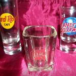 Shot Glasses-Lot of 3 from Various Establishments.  Hard Rock Cafe-Chicago. Measures 4" h $7.50 obo.  Brat Stop, I-94 & Hwy 50 Kenosha, WI.  Measures 3" h.  $5.00 obo.  Planet Hollywood-Chicago.  Measure 3" h.  $6.50 obo.  Pre-owned & in excellent condition.  Sold individually or Lot of 3-$15.00 obo