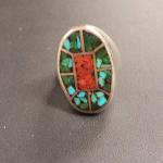 Large Sterling Silver with Coral & Turquoise Inlay Ring.  Beautiful and solid.  Size 8.5.  Pre-owned & in excellent condition.  $99.00