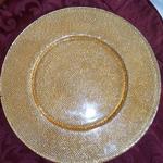 Round Glass Charger w/Gold & Silver Bubble Pattern.  Measures 13 1/2" in diameter.  Pre-owned & in excellent condition.  $30.00 obo