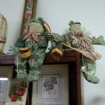 Cloth Frog Shelf Sitters.  The Mama & Papa Frog are a great addition to any décor and come equipped with fishing items.  Each measures approximately 12" in height.  Pre-owned & in excellent condition.  $12.00 each obo