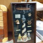 Lighthouse Shadow Box.  Dark wood with different symbols including a lighthouse.  Measures 11"l x 3.25" w x 21"h.  Pre-owned & in excellent condition.  $45.00 obo