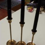 Set of 3 Thin Brass Candlestick Holders.  They measures 9", 8", and 6" high.  Pre-owned & in excellent condition.  $25.00 for set obo