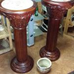 Wood Pillar Planters with Marble Tops.  Gorgeous carved wood.  Each measures approximately 14" diameter x 3' high.  Pre-owned & in mint condition.  $125.00 each obo