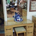 Vintage Limba Blonde Vanity with Mirror and Bench.  Adorable.  Includes glass top.  Measures 44" x 17" x 26".  Pre-owned & in excellent condition.  $150.00 obo (Whole set available for $400.00 obo)