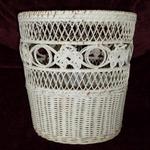 Vintage White Wicker Wastebasket.  Measures 10 1/2" high x 10" in diameter.  Pre-owned & in good condition, has slight breakage on bottom.  $7.50 obo