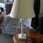 White Wood Lamp with Shade.  Measures 25.5" high.  Pre-owned & in excellent condition.  $15.00 obo