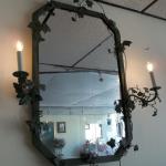 Green Wrought Iron Mirror with Lights.  This Mirror is gorgeous and unusual.  Measures 32"l (light to light) x 41"h.  Pre-owned & in excellent condition.  $110.00 obo