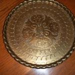 Vintage Brass 12" Plate with Arabic or Turkish detailed etching.  Rim is wonderfully scalloped.  Pre-owned & in excellent condition, one small tarnish spot on tray.  No markings.  $25.00 obo